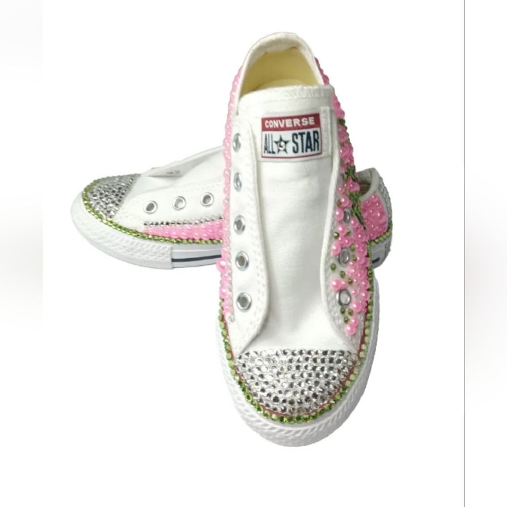 Alpha Kappa Alpha Bling Sneakers Custom Converse Beads Rhinestones Girls Size 13 - Picture 3 of 12